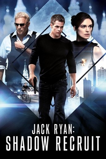 The poster features Jack Ryan in a black shirt, flanked by a man in sunglasses and another woman with a serious expression. The background is a dark cityscape with glowing lights, creating a mysterious and suspenseful atmosphere. The title "Jack Ryan: Shadow Recruit" is prominently displayed at t...