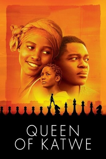 The poster features a vibrant orange background with a smiling woman, a young girl, and a man in profile, creating a warm and hopeful atmosphere. Silhouettes of people stand at the bottom, suggesting a community or gathering. The title "Queen of Katwe" is prominently displayed, emphasizing the fi...