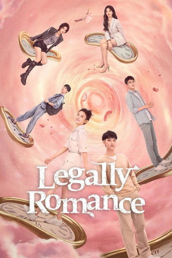 The poster features four characters in a dreamlike, pink-toned scene. One character floats above a swirling vortex, while others stand on floating platforms, creating a surreal, whimsical atmosphere. The title "Legally Romance" is prominently displayed in elegant script, blending legal and romant...