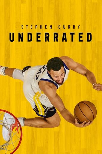 The poster features Stephen Curry in a dynamic basketball pose, wearing a white jersey with blue accents. The background is a vibrant yellow with a subtle grid pattern. The title "Underrated" is prominently displayed in bold black letters. The overall mood is energetic and focused on the athlete'...