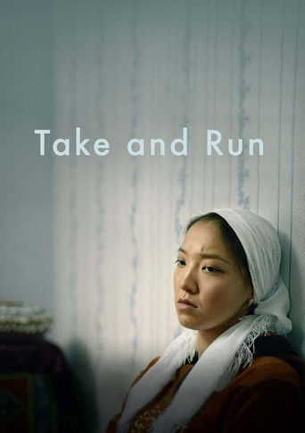 The poster features a woman in traditional attire, her expression somber and contemplative. The muted color palette of browns, whites, and grays evokes a sense of nostalgia and melancholy. The title "Take and Run" is subtly placed in the upper left, hinting at themes of displacement and resilience.