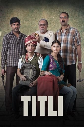 The poster features four men and a woman in a rustic, earthy setting with warm tones. The men wear casual, earthy clothing, while the woman wears a vibrant blue and red outfit. The mood is rugged and authentic, reflecting the film's genre. The title "TITLI" is prominently displayed at the bottom ...
