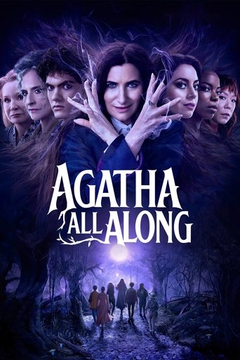 The poster features a mysterious woman in the center with hands raised, surrounded by eerie, ghostly figures in a dark, atmospheric setting. The title "Agatha All Along" is prominently displayed in bold, white lettering. The overall mood is suspenseful and supernatural, with deep purples and blue...