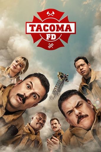 The poster features a dramatic sky with clouds and a red cross emblem, symbolizing the "Tacoma FD." Several characters are shown in military-style uniforms, with expressions ranging from serious to intense. The muted earth tones and gritty atmosphere evoke a sense of action and tension, hinting a...