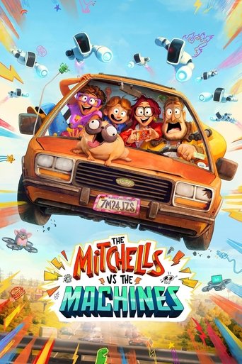A vibrant orange car filled with animated characters like Mitchells and Machines races through a colorful, dynamic scene. The poster captures excitement with bright colors and energetic motion lines, conveying a sense of fun and adventure.