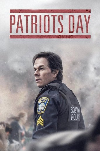 The poster features a gritty, smoky scene with a Boston Police officer in the foreground, exuding a somber yet determined mood. The muted tones and dark atmosphere evoke a sense of urgency and danger, while the red text "Patriots Day" at the top hints at the film's patriotic undertones.