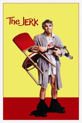 The poster features a man in a grey robe holding a microphone, standing confidently against a vibrant yellow background with a bold red stripe at the bottom. The title "The Jerk" is prominently displayed in red script at the top. The overall mood is energetic and humorous, capturing the essence o...