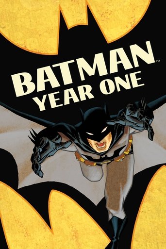 This movie poster for "Batman: Year One" features a dynamic Batman in mid-action, wearing a classic black and white costume with a yellow cape. The bold, yellow Batman logo dominates the background, creating a striking visual contrast. The overall mood is intense and action-packed, capturing the ...