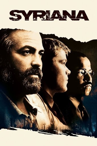 The poster features three men in shadowy tones against a dark, stormy sky. Their intense expressions convey a sense of urgency and danger. The title "SYRIANA" is prominently displayed at the top in bold, distressed lettering.