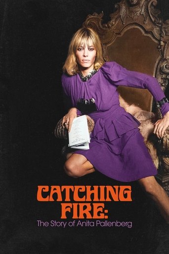 The poster features a striking woman in a purple dress against a dark background, exuding mystery and allure. The bold orange title "Catching Fire" stands out, while the tagline hints at the film's narrative depth.