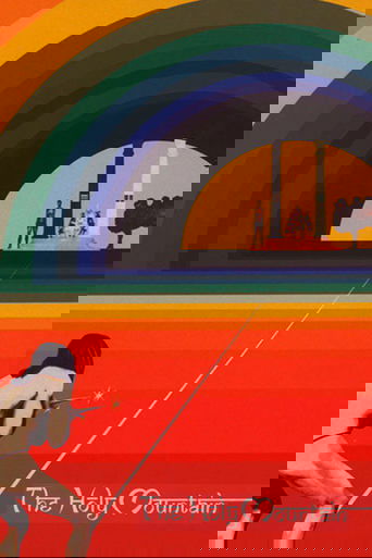 This vibrant poster features a silhouette of a woman in a black dress against a colorful rainbow backdrop, evoking a dreamlike atmosphere. The scene blends warm oranges, yellows, and blues with a serene, almost spiritual mood, suggesting a journey through a mystical landscape.