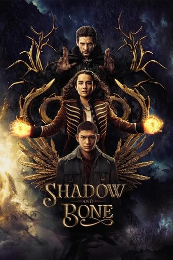 The poster features three characters in dramatic poses against a dark, mystical background with glowing embers and glowing eyes. The title "Shadow and Bone" is prominently displayed at the bottom. The overall mood is mysterious and epic, suggesting a fantasy or supernatural theme.