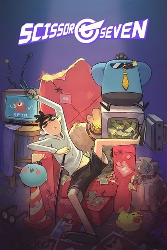 The poster features a surreal, chaotic scene with a character in a white outfit and black pants interacting with various objects like a red chair, a computer monitor, and a yellow robot. The colors are vibrant yet dark, creating a mysterious atmosphere. The title "Scissor Seven" is prominently di...