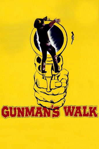 The poster features a silhouette of a man walking on a giant hand, set against a bright yellow background. The bold red text "GUNMAN'S WALK" emphasizes the gritty, action-packed nature of the film.