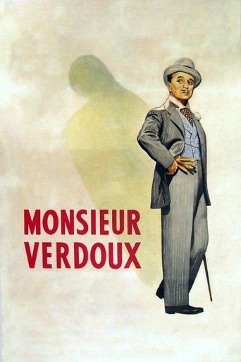The poster features a man in a gray suit and hat, exuding confidence with a cane, set against a soft, textured background. The title "Monsieur Verdoux" is boldly displayed in red, creating a striking contrast. The overall mood is mysterious and slightly humorous, capturing the essence of the film...