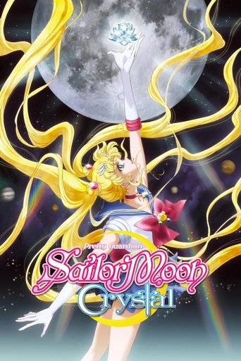 The poster features a young Sailor Moon with golden hair and a crystal bracelet, set against a backdrop of swirling yellow energy and a large moon. The vibrant colors and dynamic composition evoke a magical, adventurous mood.