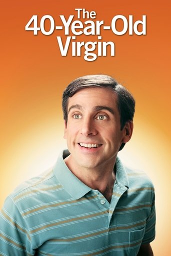 The poster features a cheerful man in a striped polo shirt against a warm gradient background. The title "The 40-Year-Old Virgin" is prominently displayed at the top in bold white text. The overall mood is lighthearted and inviting, suggesting a comedic or humorous tone.