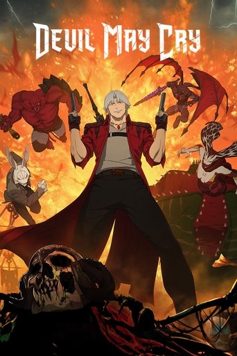 A dramatic TV show poster featuring Dante in the center, surrounded by fiery characters. The intense orange and red hues create a sense of chaos and danger. The skull at the bottom adds a grim, post-apocalyptic atmosphere.