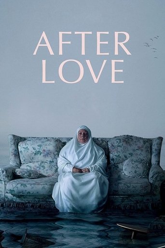 The poster features a solitary figure in a white robe sitting on a patterned couch, evoking a sense of quiet solitude. The muted blue and gray tones create a somber, melancholic atmosphere, while the title "After Love" in stark white letters reinforces the theme of loss and reflection.