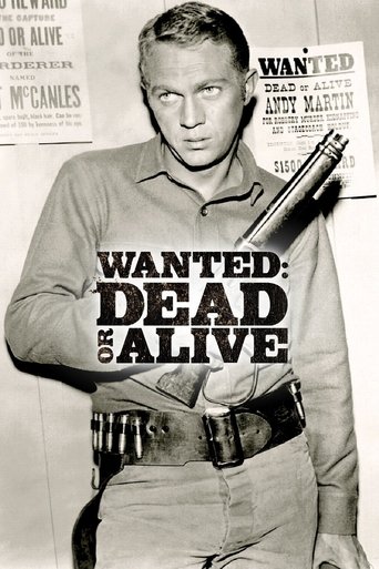 The poster features a gritty, black-and-white image of a man in a uniform holding a shotgun, exuding a noir atmosphere. The bold, distressed typography of "WANTED: DEAD OR ALIVE" dominates the center, while newspaper clippings in the background add to the suspenseful, crime-fueled mood.