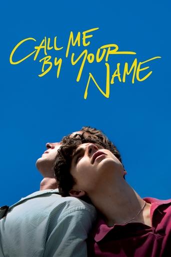 The poster features two young men with curly hair against a vibrant blue sky, their heads tilted upward in a moment of connection. The title "Call Me by Your Name" is written in bold, yellow script, evoking a sense of warmth and intimacy.