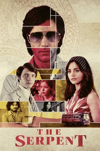 The Serpent poster features a collage of characters in vintage attire, with warm sepia tones and subtle patterns. The mood is nostalgic, evoking a bygone era through its color palette and fragmented imagery.
