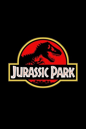 The poster features a bold red circle with a fierce black Tyrannosaurus Rex silhouette against it, surrounded by a yellow border. The word "Jurassic Park" is prominently displayed in white letters on a black background, creating a striking contrast. The overall design exudes a thrilling, adventur...