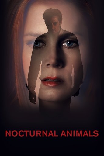 The poster features a hauntingly beautiful woman with a surreal, fragmented face, blending human and animal elements. The dark, moody atmosphere with deep reds and blacks creates a mysterious and eerie mood. The title "Nocturnal Animals" is prominently displayed at the bottom, hinting at the film...