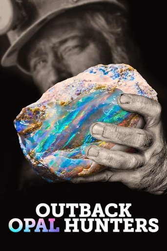 A rugged man in a hat holds a vibrant, iridescent opal rock, evoking the Outback's wild beauty. The poster blends earthy tones with vivid opal hues, capturing the essence of adventure and discovery.