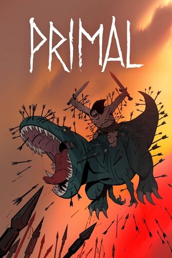 A muscular man rides a menacing green dinosaur with a gaping mouth, surrounded by arrows. The fiery orange sky adds intensity, while the bold title "PRIMAL" dominates the top.
