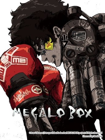 The poster features two characters in a dramatic confrontation. One character wears a red and black outfit with "MEGA" branding, while the other is clad in a metallic, futuristic armor. The scene exudes a gritty, intense mood with dark tones and bold colors. The title "MEGALOBOX" is prominently d...