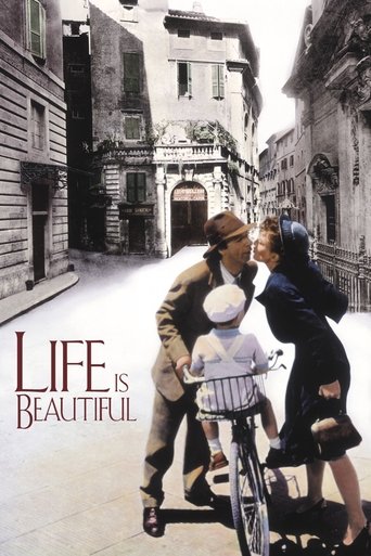 The poster features a black-and-white scene of three people on a narrow, historic street. A man in a hat and trench coat stands beside a woman in a dark dress, while a child in a white hat sits on a bicycle. The muted tones of the buildings and the sepia-like filter evoke a nostalgic, timeless mo...