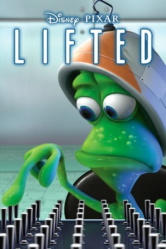 The poster features a green alien with a mischievous expression, wearing a white hat and holding a green object. The background shows rows of black chairs, suggesting a workplace setting. The Disney/Pixar logo is at the top, and the title "Lifted" is prominently displayed in bold letters. The ove...