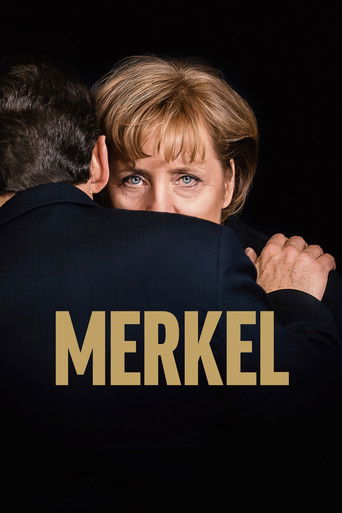 The poster features a woman with blonde hair peeking over the back of another person's shoulders, creating a mysterious and intimate atmosphere. The bold, golden text "Merkel" stands out against the dark background, emphasizing the subject's name. The overall mood is dramatic and focused, drawing...