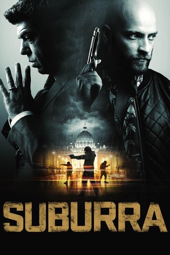 The poster features two men in a dramatic, moody atmosphere. One man holds a gun while the other raises his hand, suggesting action and tension. The background shows a silhouette of a city at night, illuminated by warm lights, creating a sense of mystery and suspense. The title "SUBURRA" is promi...