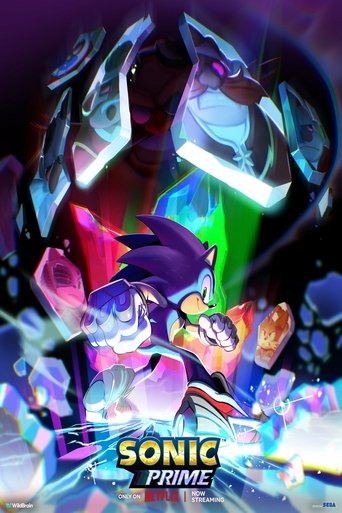 The poster features Sonic and his friends in dynamic poses against a backdrop of glowing crystals and cosmic energy. Sonic's vibrant purple hair contrasts with the cool blues and greens of the background, creating a sense of motion and adventure. The title "Sonic Prime" is prominently displayed a...