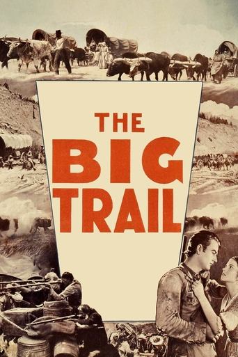 This vintage poster depicts a rugged, sepia-toned scene of soldiers marching through a desert landscape, evoking a sense of adventure and hardship. The bold, red typography of "THE BIG TRAIL" stands out against the muted background, while figures in period-appropriate clothing and gear suggest a ...