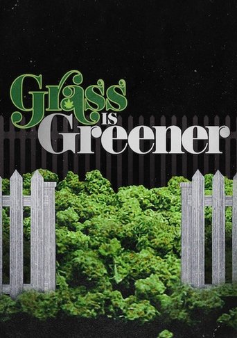 The poster features a dark background with two white picket fences framing lush green bushes. The title "Grass Is Greener" is prominently displayed in bold, green lettering. The overall mood is serene and inviting, suggesting a peaceful rural setting.