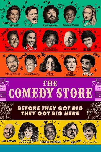 The poster features a grid of iconic comedians' faces against vibrant, contrasting backgrounds—green, red, and yellow. The title "The Comedy Store" is bold and playful, with the tagline "Before They Got Big They Got Big Here" adding a humorous twist. The overall mood is lighthearted and nostalgic...