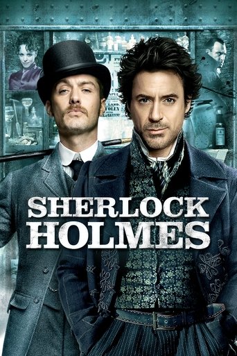 The poster features two men in Victorian-era attire, one in a top hat and the other in a dark coat, exuding mystery and intrigue. The muted tones of sepia and blue evoke a classic detective atmosphere, with the bold title "Sherlock Holmes" anchoring the composition.