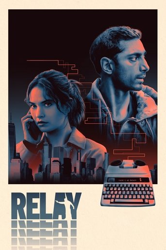 The poster features a dramatic, cyberpunk-style scene with two characters in a futuristic cityscape. The man looks thoughtful while the woman gazes intently at the screen, suggesting a tense narrative. The cool blue tones contrast with warm red accents, creating an atmosphere of mystery and intri...
