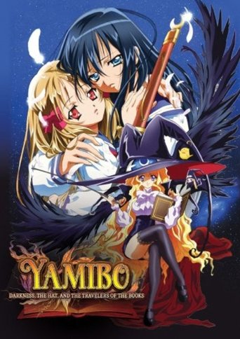 This anime poster features a dramatic scene with a dark-haired girl in a white outfit holding a sword, surrounded by a group of characters in vibrant colors. The background is filled with swirling flames and magical elements, creating a mystical and intense atmosphere. The title "Yamibo" is promi...