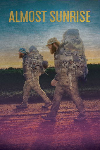 The poster features two soldiers in desert camouflage walking toward the viewer, with one wearing a cowboy hat. The background shows a gradient sky from warm sunset hues to deep blue, evoking a sense of adventure and camaraderie.