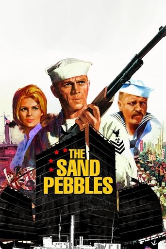 The Sand Pebbles poster features a dramatic scene with three characters: a stern naval officer in a white hat, a blonde woman in a blue dress, and a bearded man in a white cap. The colors are vivid, with warm tones contrasting against the dark, stormy backdrop. The mood is tense and adventurous, ...