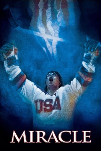 The poster features a hockey player in a white jersey with "USA" emblazoned across the chest, arms raised triumphantly against a dramatic blue background. The title "MIRACLE" is prominently displayed at the bottom in bold, white letters. The overall mood is one of heroic celebration and national ...