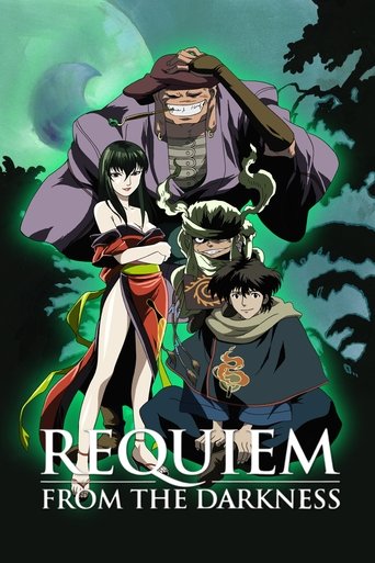 This poster features a dramatic scene with three characters against a dark, mysterious background. The characters are dressed in dark, gothic attire, with one character in a red dress and another in a black outfit. The color palette is dominated by deep greens, blacks, and purples, creating a som...