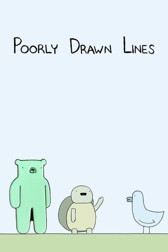 This minimalist poster features three simple, hand-drawn figures against a soft blue background. The green bear, beige dog, and white bird evoke a playful yet melancholic mood. The title "Poorly Drawn Lines" hints at the show's quirky humor and artistic style.