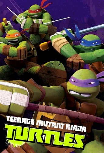 The poster features four Teenage Mutant Ninja Turtles in dynamic poses, each wielding their signature weapons. The vibrant green turtles stand out against a dark purple background, creating a striking contrast. The bold, colorful text at the bottom emphasizes the show's title, while the overall c...