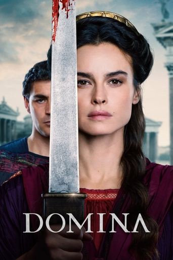The poster features a dramatic scene with a woman in a regal purple gown holding a blood-stained sword, while a man in blue stands behind her. The sepia-toned background suggests a historical setting, and the title "Domina" is prominently displayed at the bottom. The mood is intense and mysteriou...