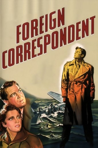 The poster features a dramatic scene with a man in a trench coat standing on a rocky shore, gazing at a woman with a concerned expression. The muted tones of the image evoke a sense of mystery and tension, while the bold red text "FOREIGN CORRESPONDENT" dominates the top, suggesting a serious and...